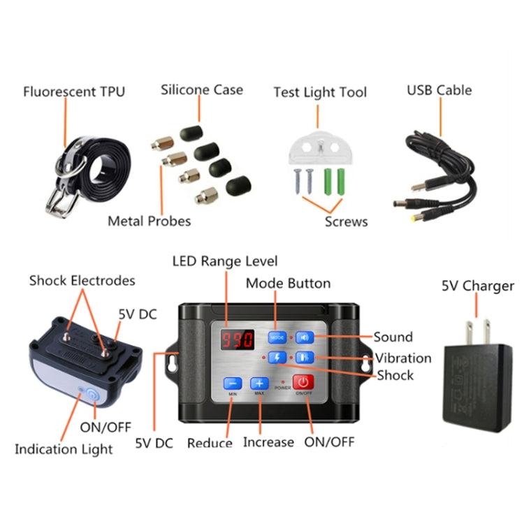 Outdoor Wireless Electronic Pet Fence with Night Reflective Collar designed for dog training and safety, featuring adjustable control range and rechargeable components.