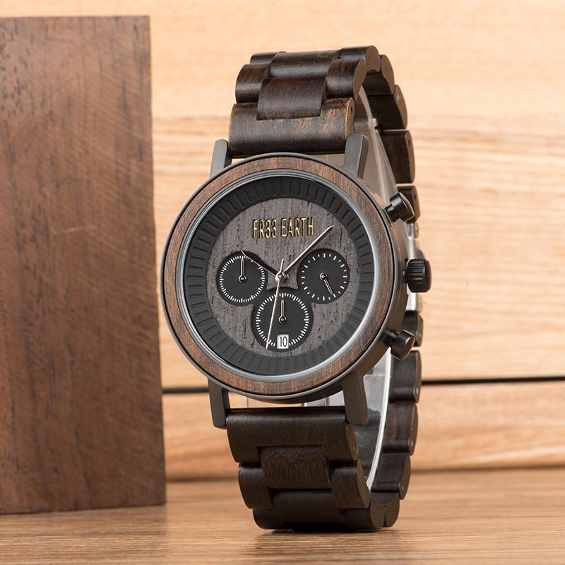 Ovo Black N Wood Band watch featuring a natural wood design with stainless steel accents, showcasing its elegant and sophisticated look.