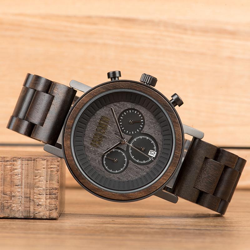 Ovo Black N Wood Band watch featuring a natural wood design with stainless steel accents, showcasing its elegant and sophisticated look.