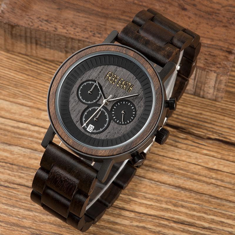 Ovo Black N Wood Band watch featuring a natural wood design with stainless steel accents, showcasing its elegant and sophisticated look.