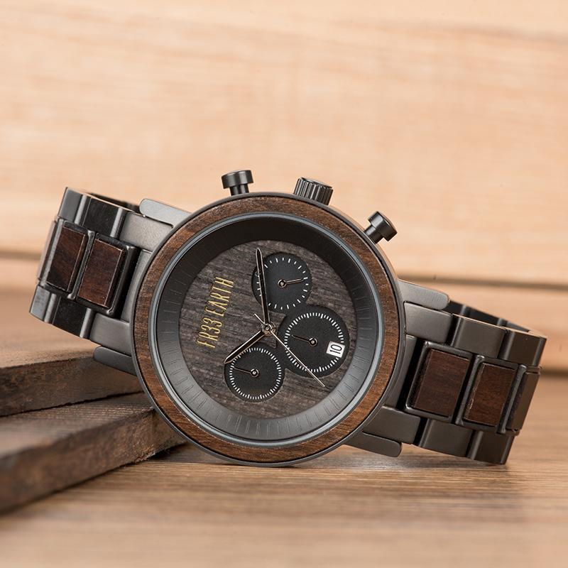 Ovo Black X wood watch featuring a luxurious zebra wood and stainless steel band, showcasing its elegant design and craftsmanship.