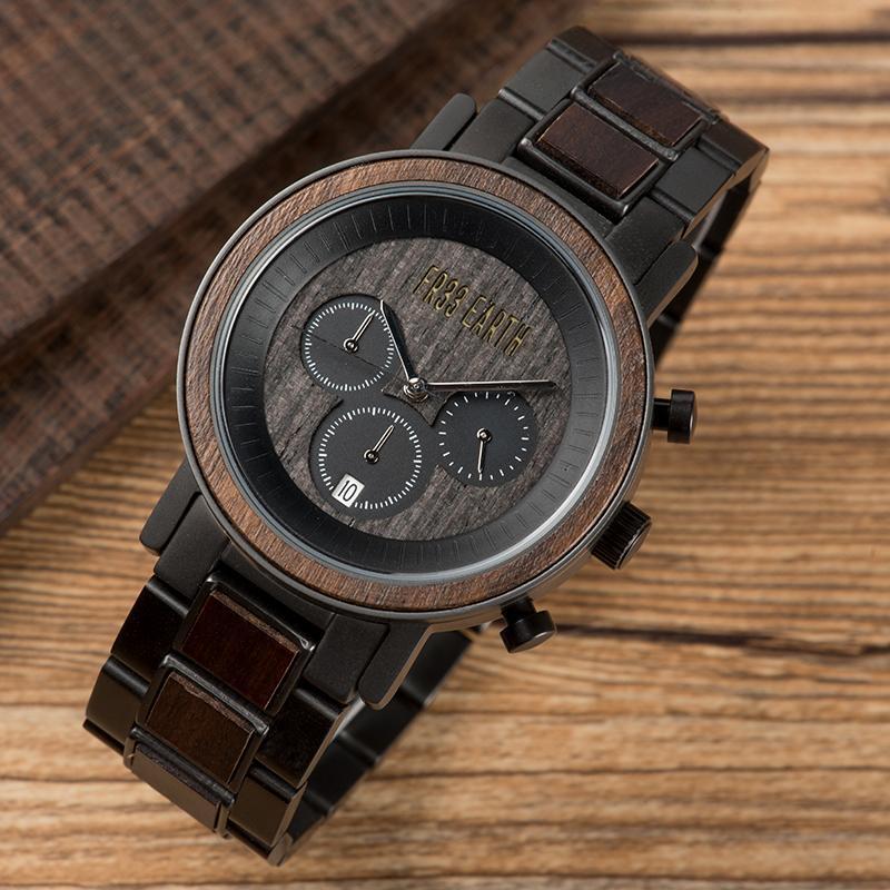 Ovo Black X wood watch featuring a luxurious zebra wood and stainless steel band, showcasing its elegant design and craftsmanship.