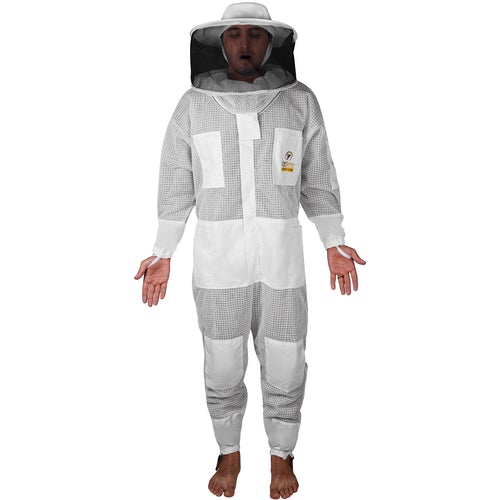 OZBee Premium Full Suit featuring 3-layer mesh design, round head style with detachable veil, ideal for beekeeping protection and ventilation.