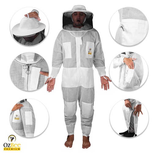 OZBee Premium Full Suit featuring 3-layer mesh design, round head style with detachable veil, ideal for beekeeping protection and ventilation.