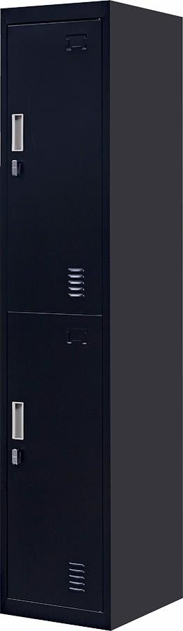 Black padlock-operated 2-Door Vertical Locker with two compartments, made of cold-rolled steel, featuring air vents and a sleek design.