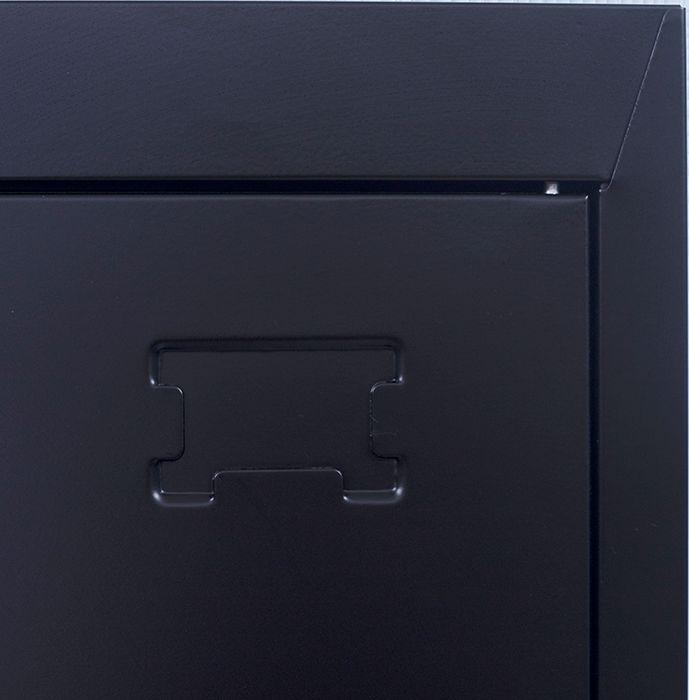 Black padlock-operated 2-Door Vertical Locker with two compartments, made of cold-rolled steel, featuring air vents and a sleek design.