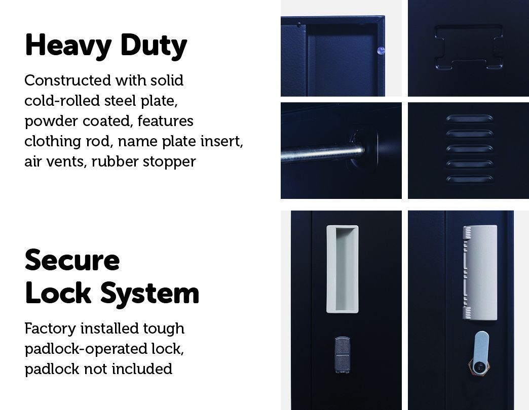 Black padlock-operated 2-Door Vertical Locker with two compartments, made of cold-rolled steel, featuring air vents and a sleek design.