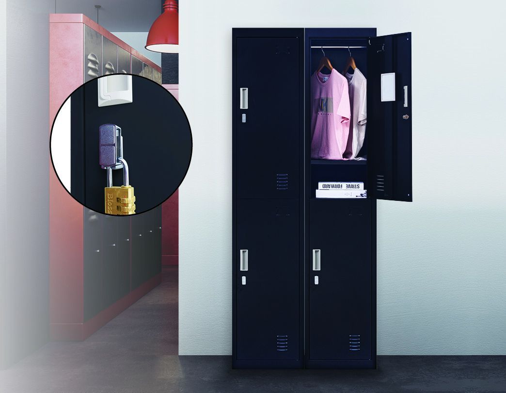 Black padlock-operated 2-Door Vertical Locker with two compartments, made of cold-rolled steel, featuring air vents and a sleek design.