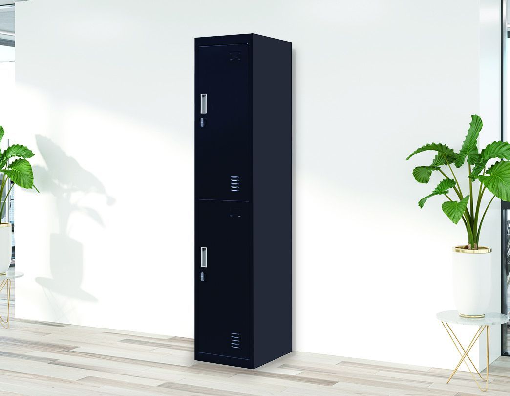 Black padlock-operated 2-Door Vertical Locker with two compartments, made of cold-rolled steel, featuring air vents and a sleek design.