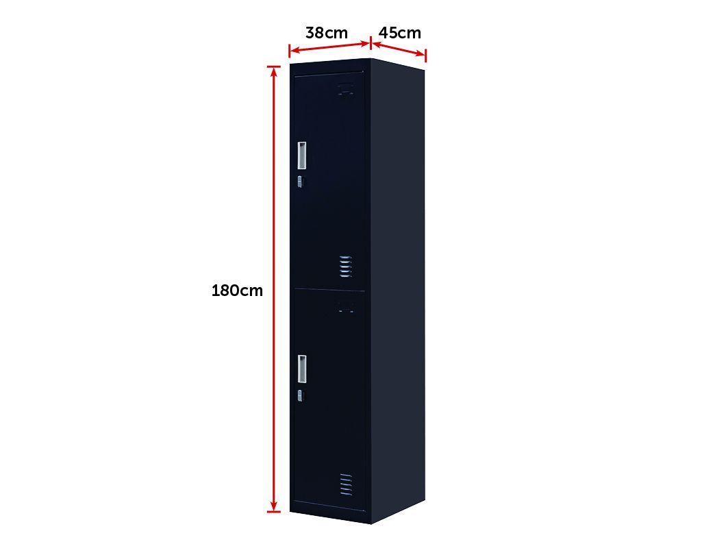 Black padlock-operated 2-Door Vertical Locker with two compartments, made of cold-rolled steel, featuring air vents and a sleek design.