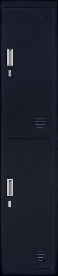 Black padlock-operated 2-Door Vertical Locker with two compartments, made of cold-rolled steel, featuring air vents and a sleek design.