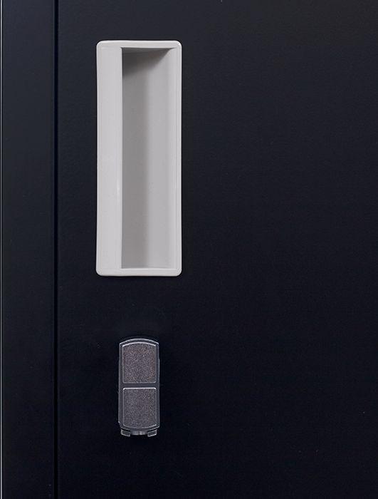 Black padlock-operated 2-Door Vertical Locker with two compartments, made of cold-rolled steel, featuring air vents and a sleek design.