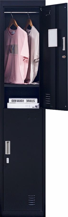 Black padlock-operated 2-Door Vertical Locker with two compartments, made of cold-rolled steel, featuring air vents and a sleek design.