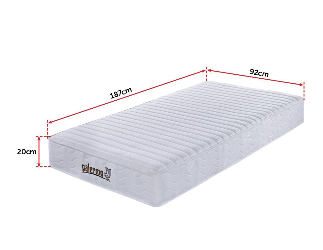 Palermo Contour 20cm Encased Coil Single Mattress with soft quilted cover and CertiPUR-US certified foam, showcasing its comfort and support features.