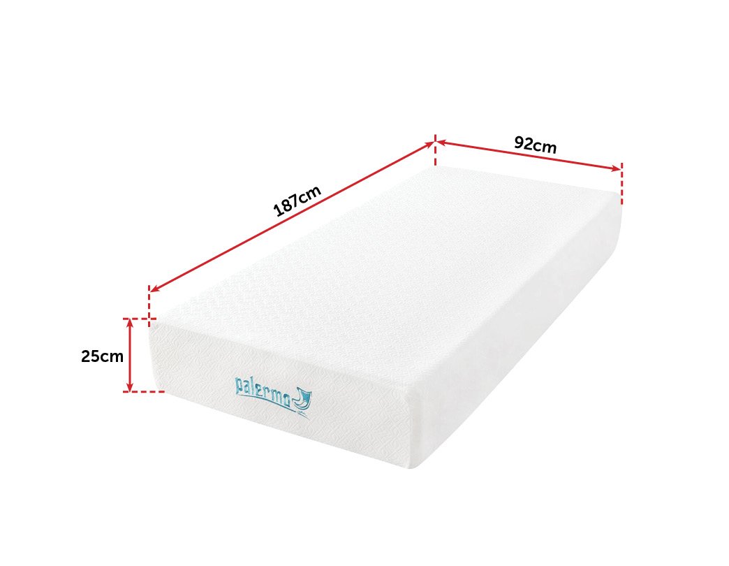 Palermo Single 25cm Gel Memory Foam Mattress showcasing dual-layer design with gel-infused memory foam and high-density support foam.