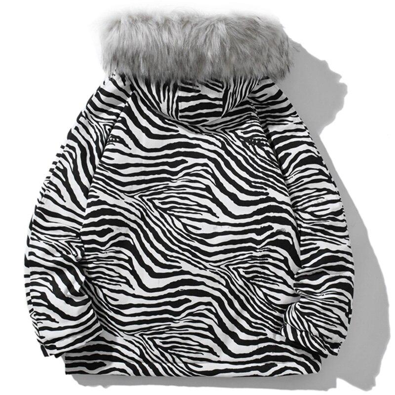 Men's zebra striped parka jacket with hood, showcasing a thick and stylish design for winter wear.