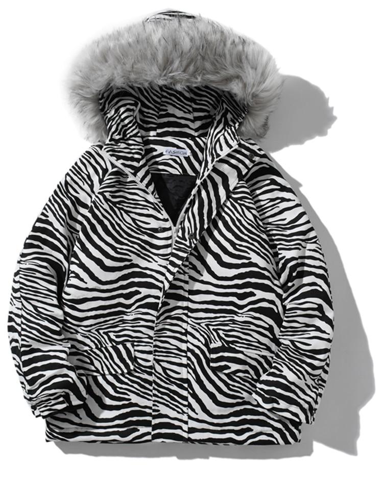 Men's zebra striped parka jacket with hood, showcasing a thick and stylish design for winter wear.