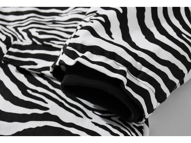 Men's zebra striped parka jacket with hood, showcasing a thick and stylish design for winter wear.