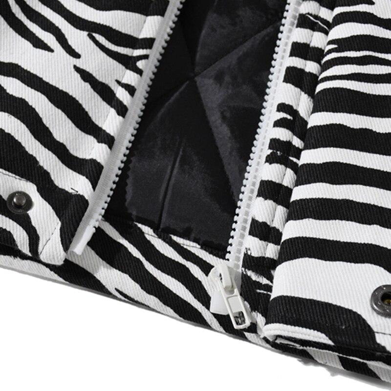 Men's zebra striped parka jacket with hood, showcasing a thick and stylish design for winter wear.