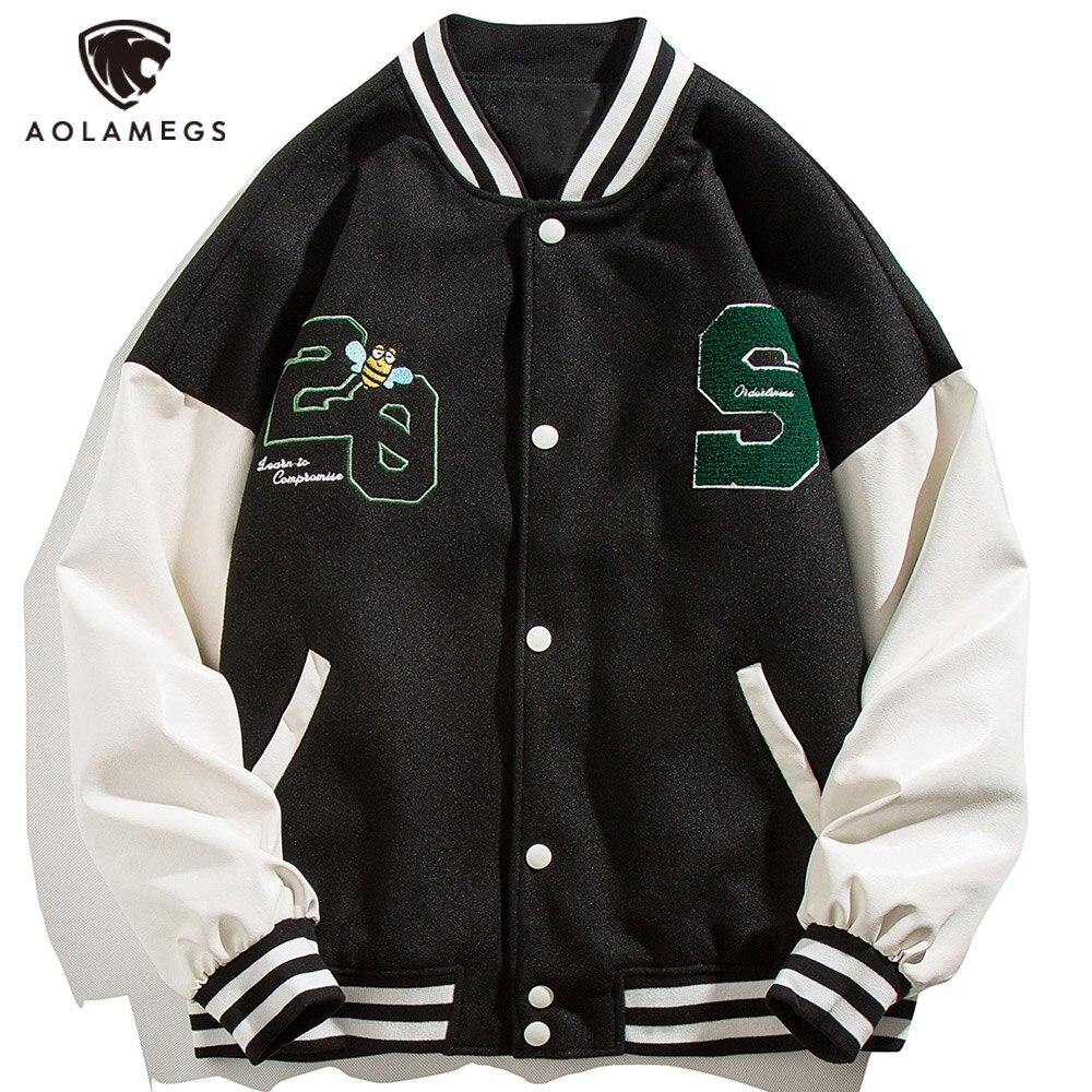 Men's patchwork color baseball jacket featuring animal letter embroidery, perfect for autumn streetwear.