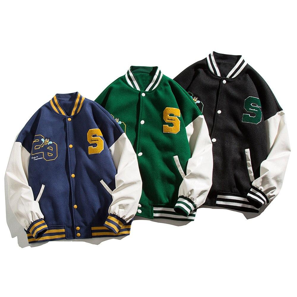 Men's patchwork color baseball jacket featuring animal letter embroidery, perfect for autumn streetwear.