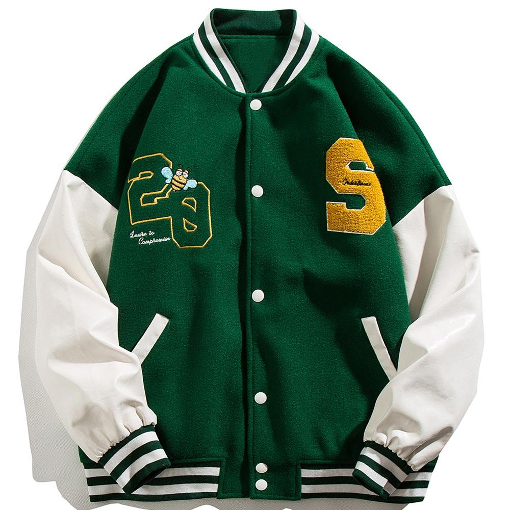 Men's patchwork color baseball jacket featuring animal letter embroidery, perfect for autumn streetwear.