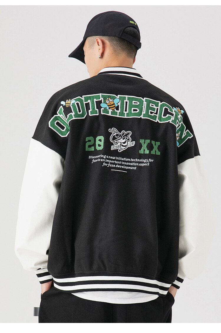 Men's patchwork color baseball jacket featuring animal letter embroidery, perfect for autumn streetwear.