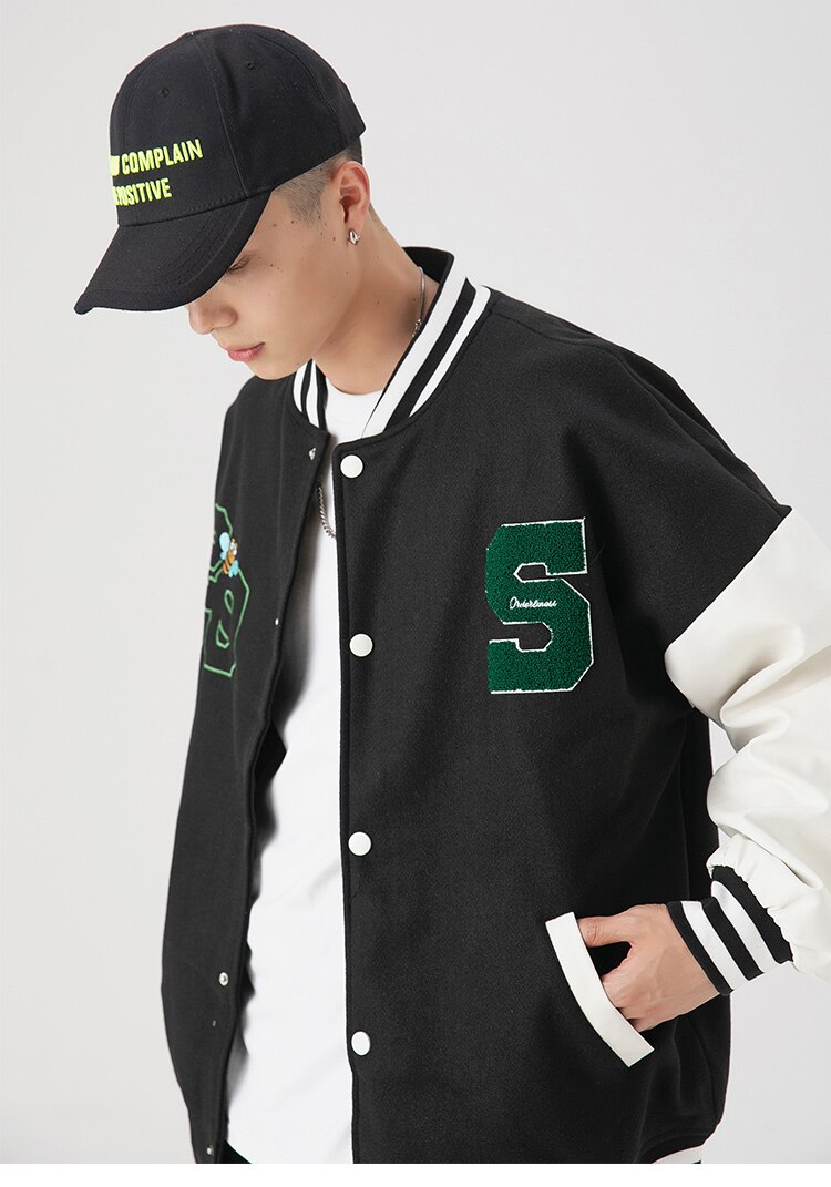 Men's patchwork color baseball jacket featuring animal letter embroidery, perfect for autumn streetwear.