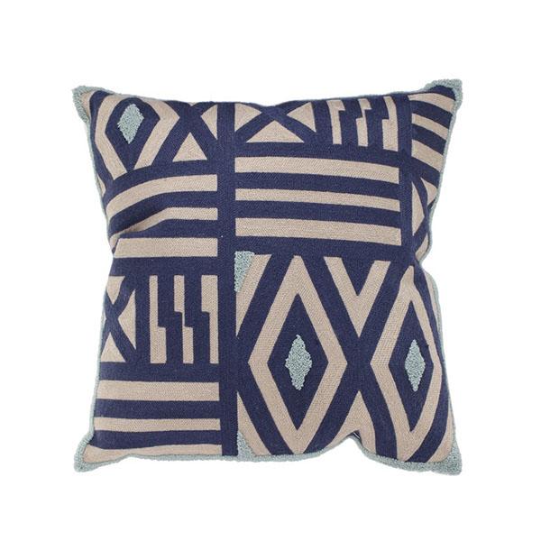 A square cushion featuring a vibrant geometric pattern in taupe, blue, and green, with textured embroidered accents.