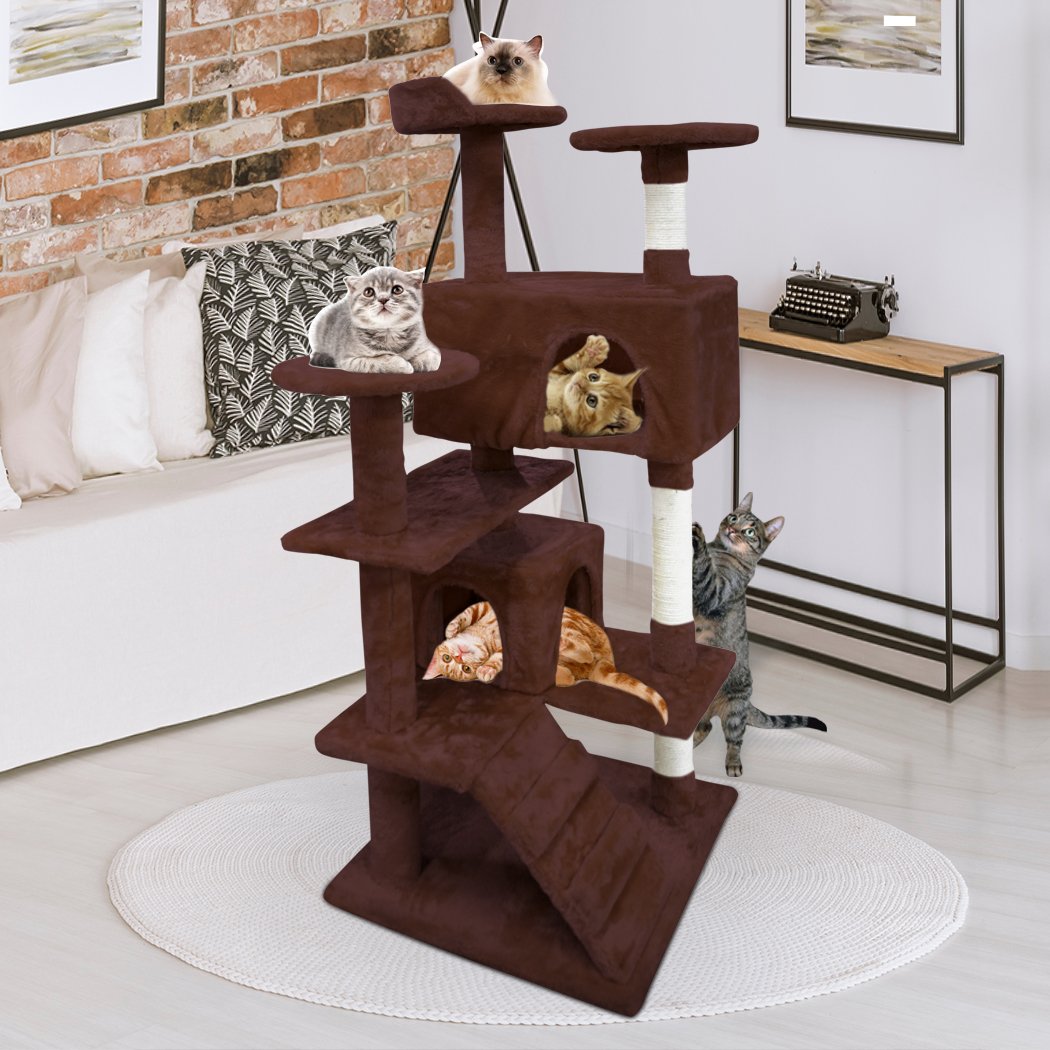 PaWz 1.3M Cat Scratching Post Tree featuring plush velvet upholstery, natural sisal posts, and multiple levels for climbing and scratching.