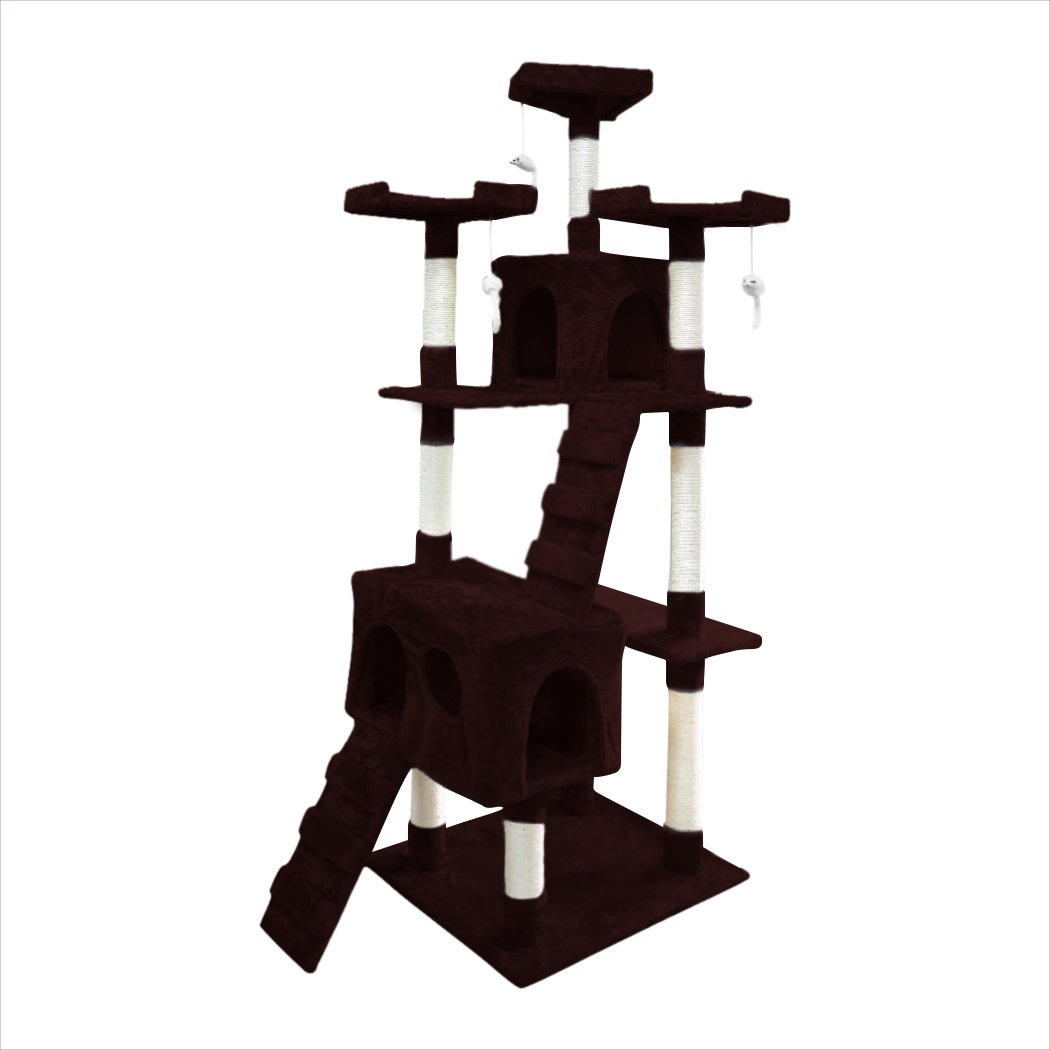 PaWz 1.8M Cat Scratching Post Tree featuring multiple platforms, sisal-wrapped poles, and plush upholstery in dark brown color.