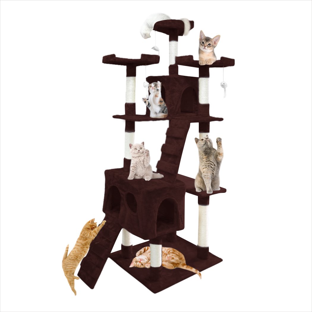 PaWz 1.8M Cat Scratching Post Tree featuring multiple platforms, sisal-wrapped poles, and plush upholstery in dark brown color.