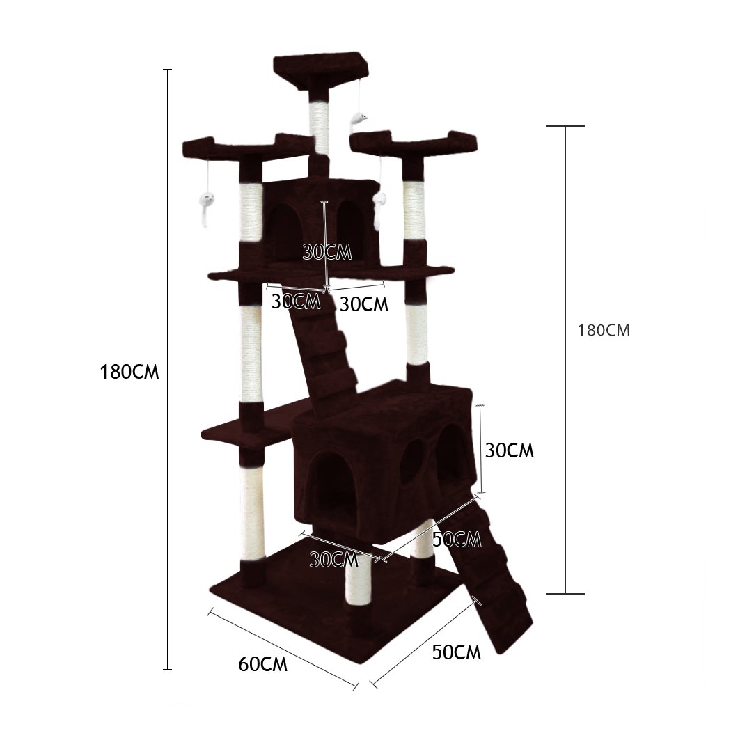 PaWz 1.8M Cat Scratching Post Tree featuring multiple platforms, sisal-wrapped poles, and plush upholstery in dark brown color.