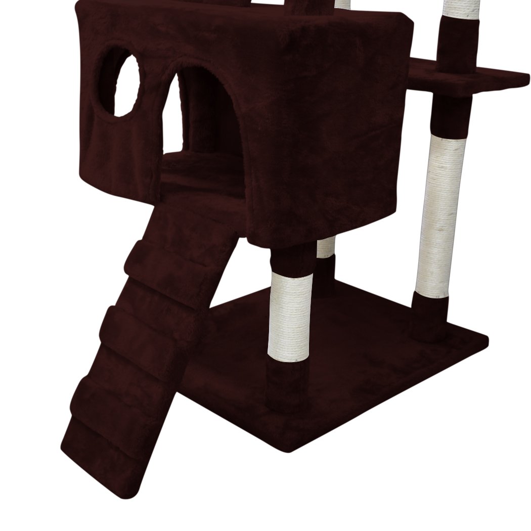 PaWz 1.8M Cat Scratching Post Tree featuring multiple platforms, sisal-wrapped poles, and plush upholstery in dark brown color.