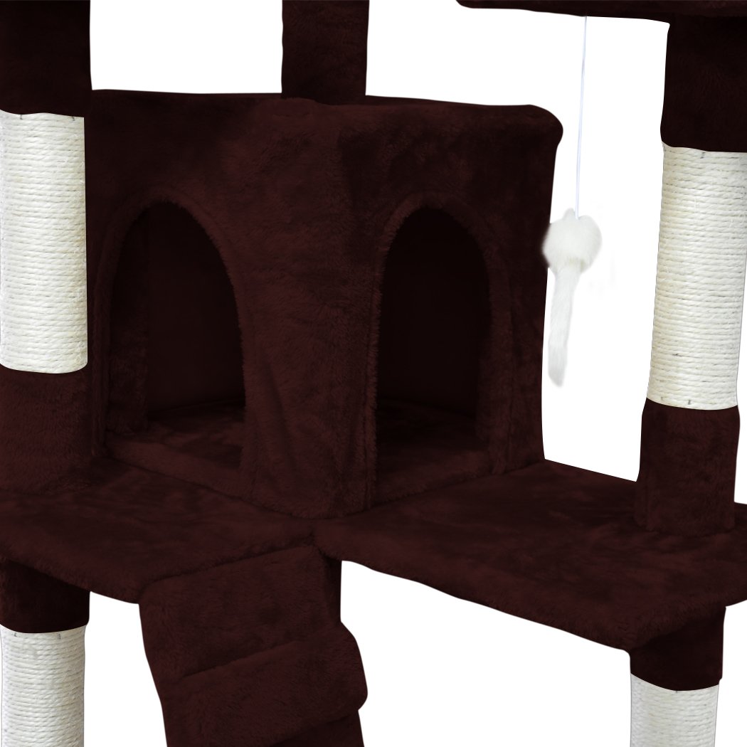 PaWz 1.8M Cat Scratching Post Tree featuring multiple platforms, sisal-wrapped poles, and plush upholstery in dark brown color.