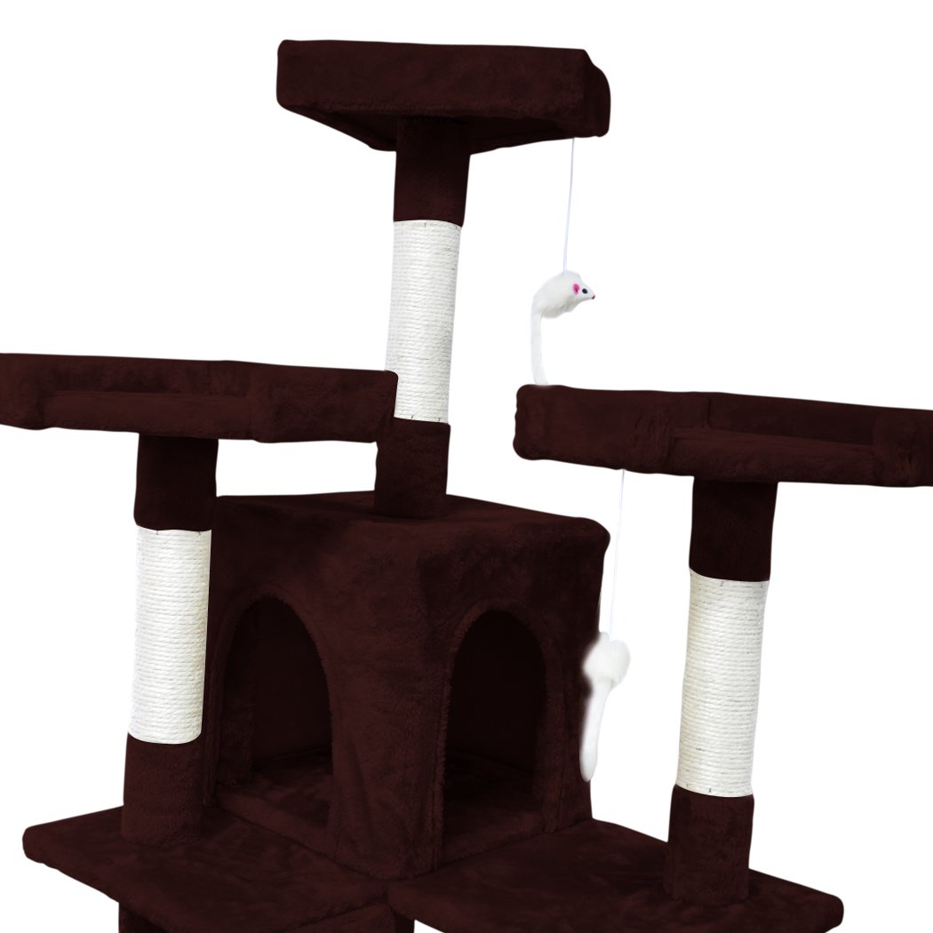 PaWz 1.8M Cat Scratching Post Tree featuring multiple platforms, sisal-wrapped poles, and plush upholstery in dark brown color.