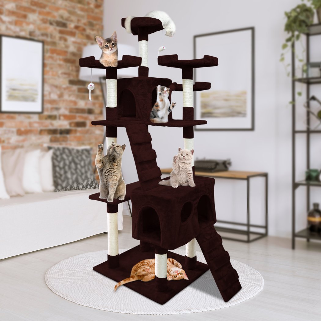 PaWz 1.8M Cat Scratching Post Tree featuring multiple platforms, sisal-wrapped poles, and plush upholstery in dark brown color.