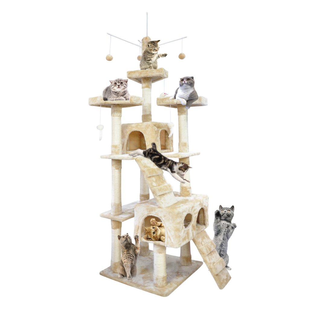 PaWz 2.1M Cat Scratching Post Tree featuring multiple levels, plush velvet covering, and natural sisal posts for scratching.