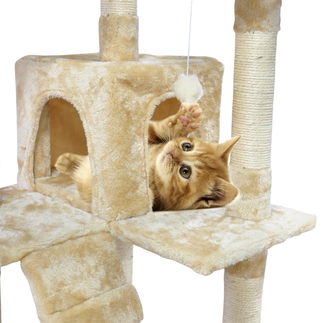 PaWz 2.1M Cat Scratching Post Tree featuring multiple levels, plush velvet covering, and natural sisal posts for scratching.