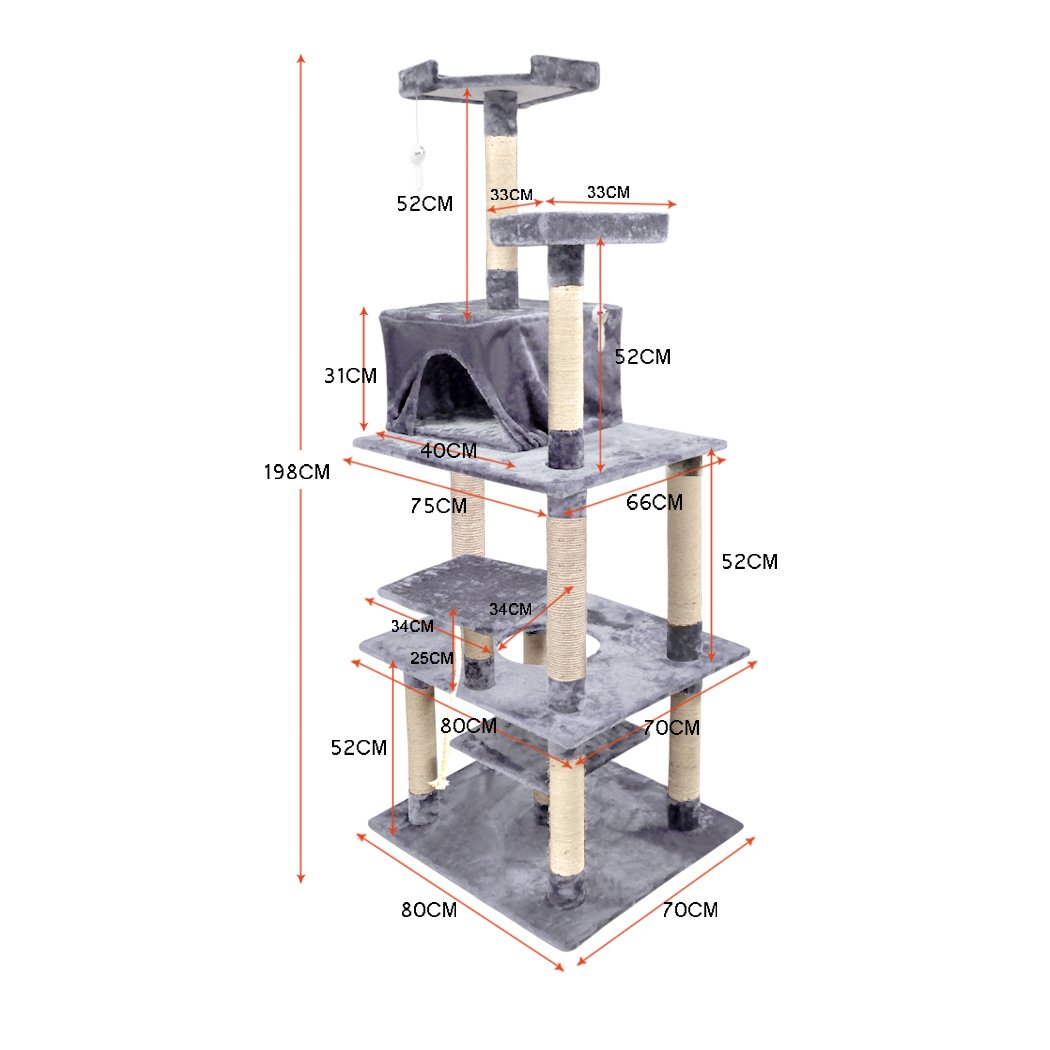 PaWz 2M Cat Scratching Post Tree featuring plush velvet cover and natural sisal posts, designed for indoor use and suitable for all cat sizes.