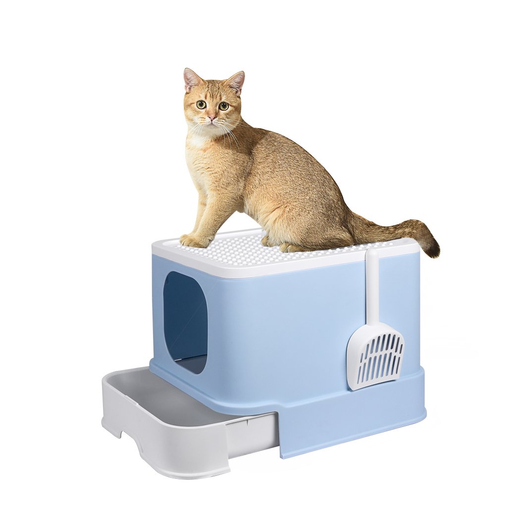 PaWz Cat Litter Box in blue color, fully enclosed design with double doors and removable drawer for easy cleaning.