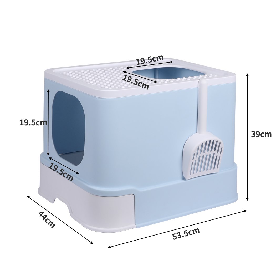 PaWz Cat Litter Box in blue color, fully enclosed design with double doors and removable drawer for easy cleaning.