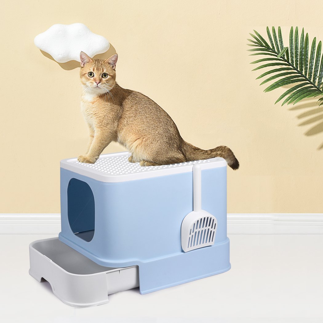 PaWz Cat Litter Box in blue color, fully enclosed design with double doors and removable drawer for easy cleaning.