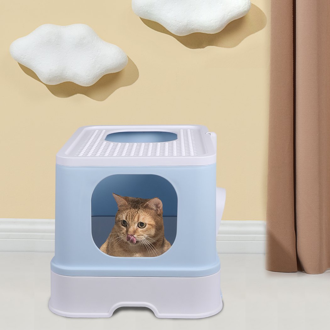 PaWz Cat Litter Box in blue color, fully enclosed design with double doors and removable drawer for easy cleaning.