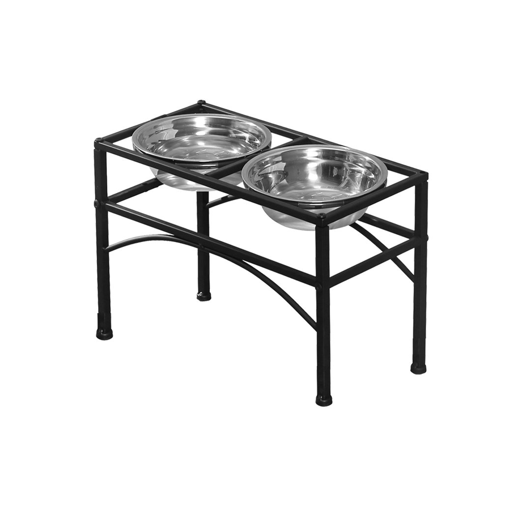 PaWz Dual Elevated Raised Pet Dog Feeder Bowl with stainless steel bowls on a black iron base, designed for stylish pet dining.