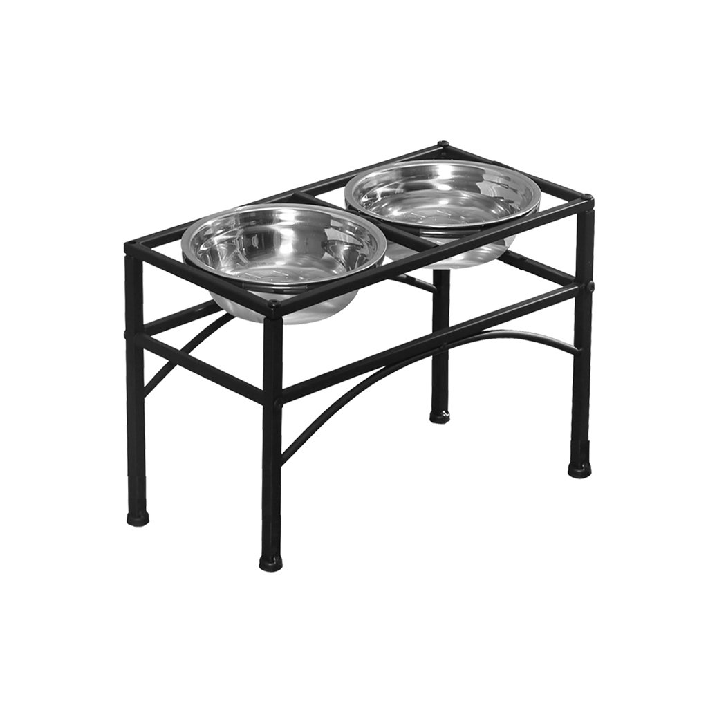 PaWz Dual Elevated Raised Pet Dog Feeder Bowl with stainless steel bowls on a black iron base, designed for stylish pet dining.