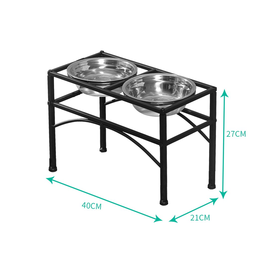 PaWz Dual Elevated Raised Pet Dog Feeder Bowl with stainless steel bowls on a black iron base, designed for stylish pet dining.