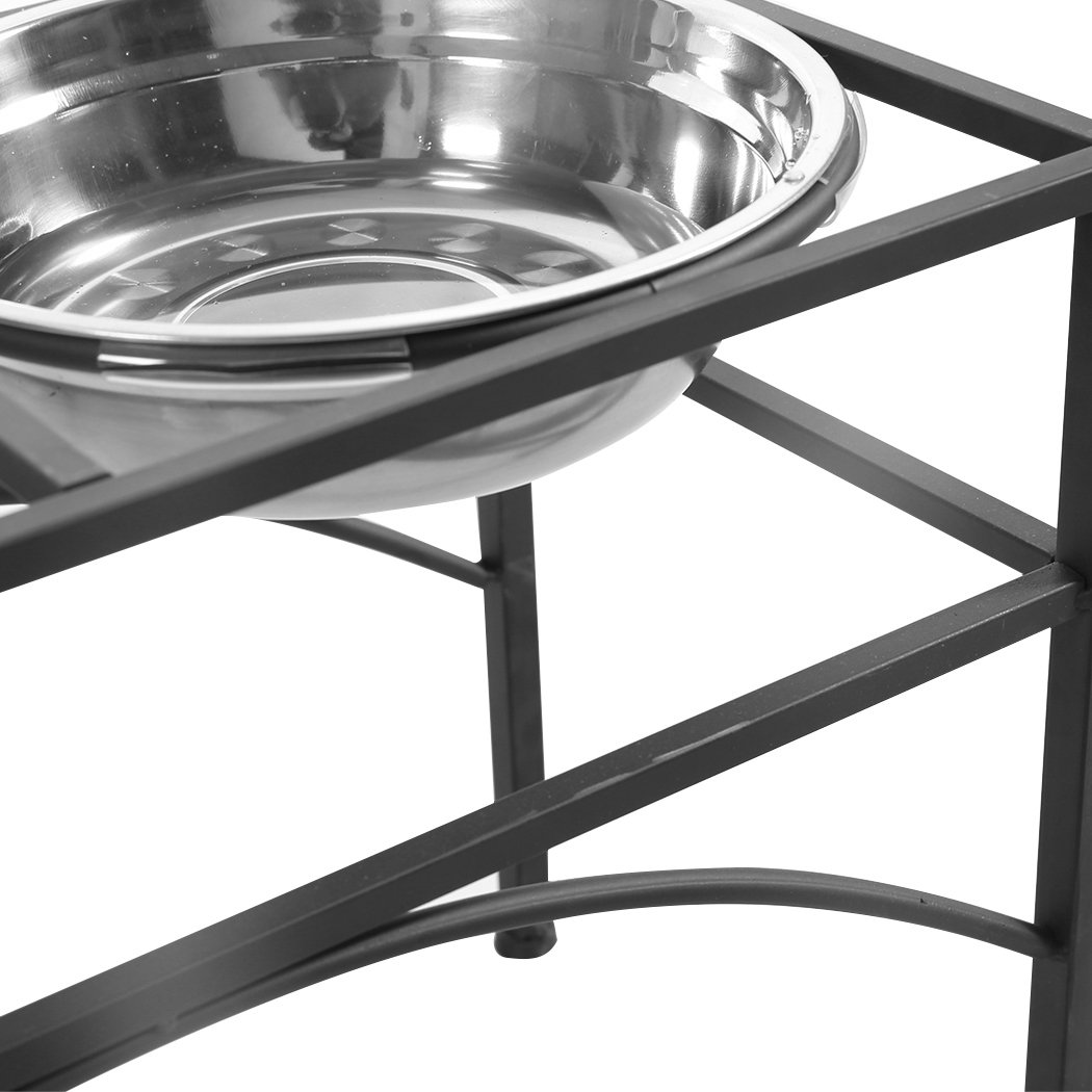 PaWz Dual Elevated Raised Pet Dog Feeder Bowl with stainless steel bowls on a black iron base, designed for stylish pet dining.