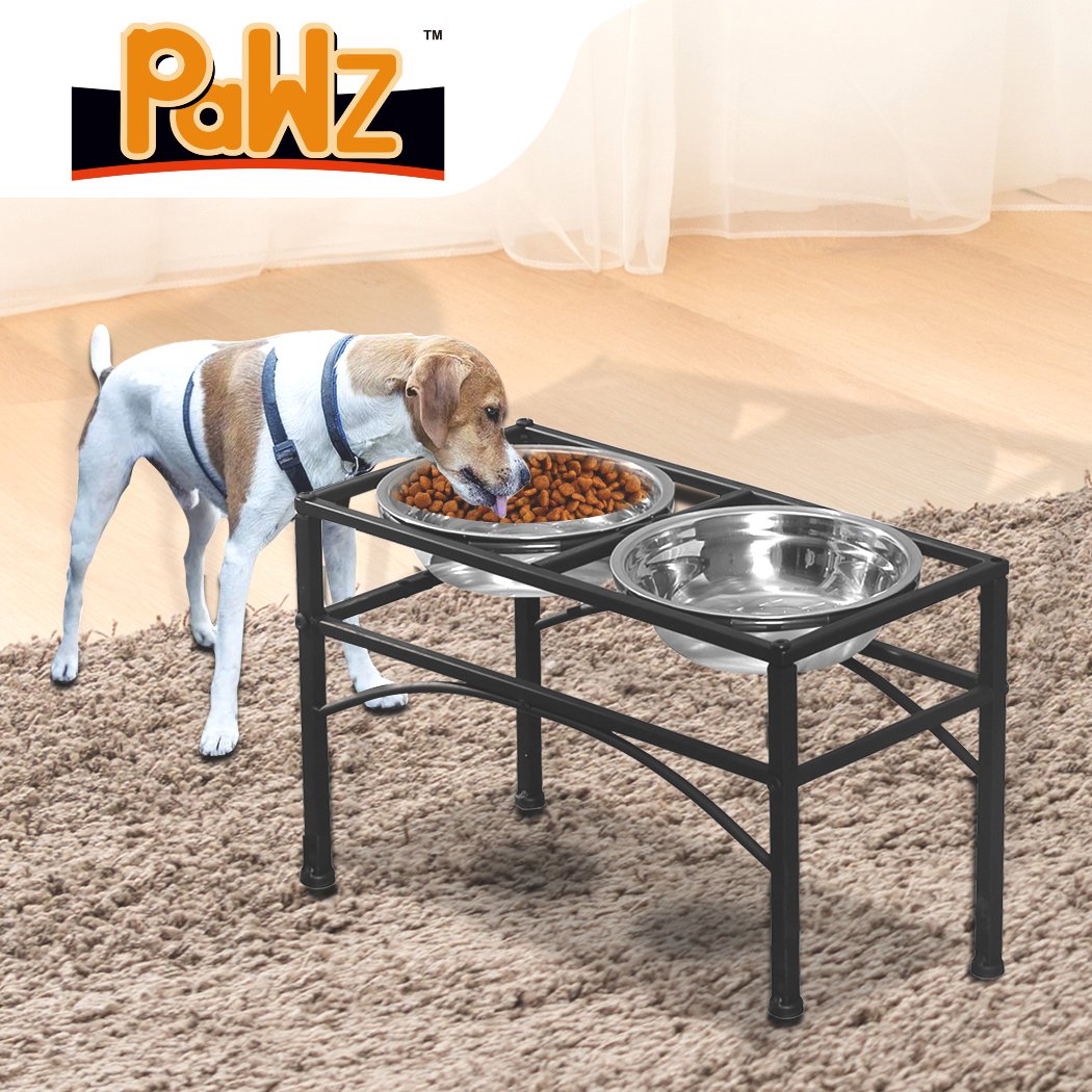 PaWz Dual Elevated Raised Pet Dog Feeder Bowl with stainless steel bowls on a black iron base, designed for stylish pet dining.