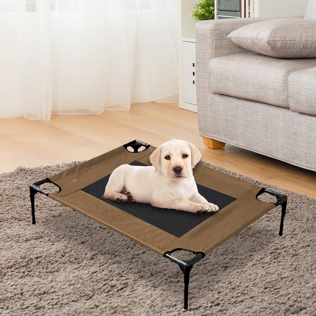 PaWz Heavy Duty Pet Bed Trampoline featuring a tan 600D fabric and breathable mesh design, suitable for dogs and cats.